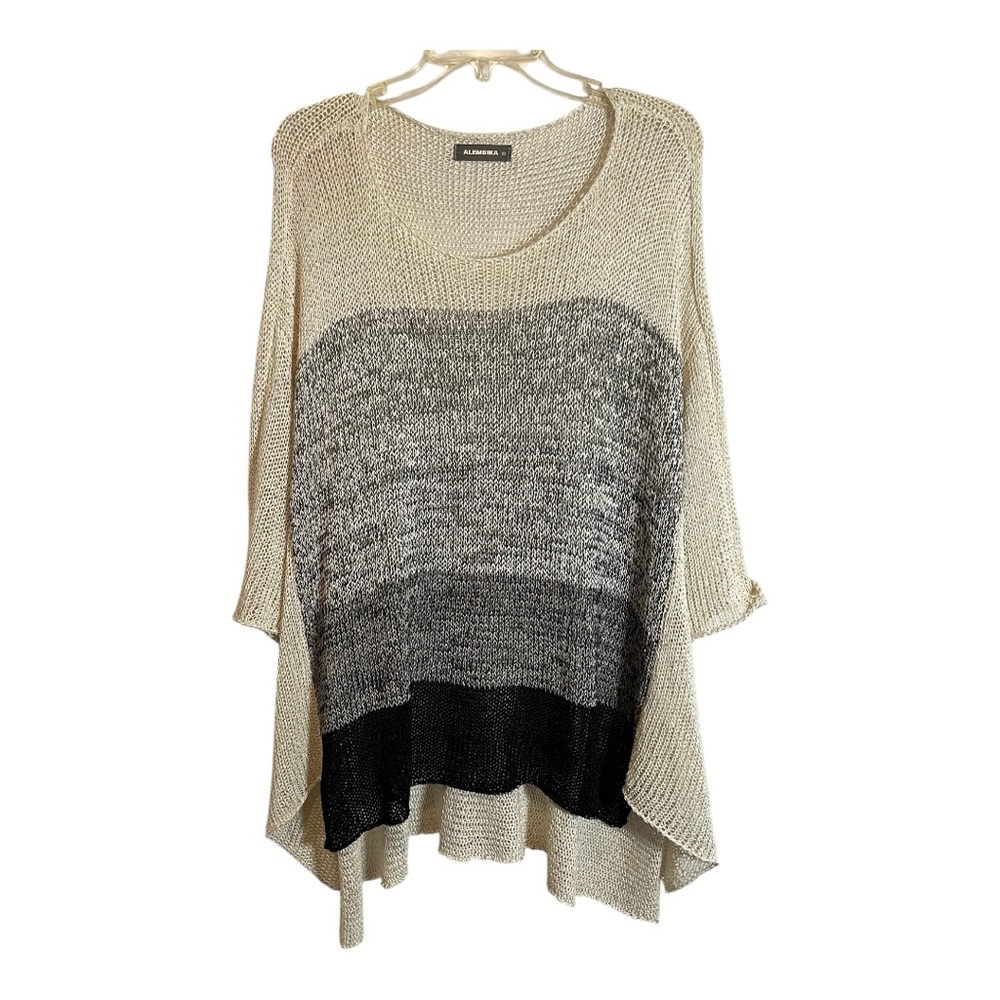 Alembika Tan, Gray, Black Color block Open Weave Pullover Sweater Size M